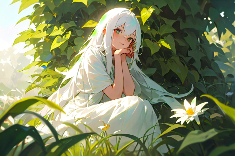 girl with long white hair sitting in a field of green plants and flowers, her hand under her chin