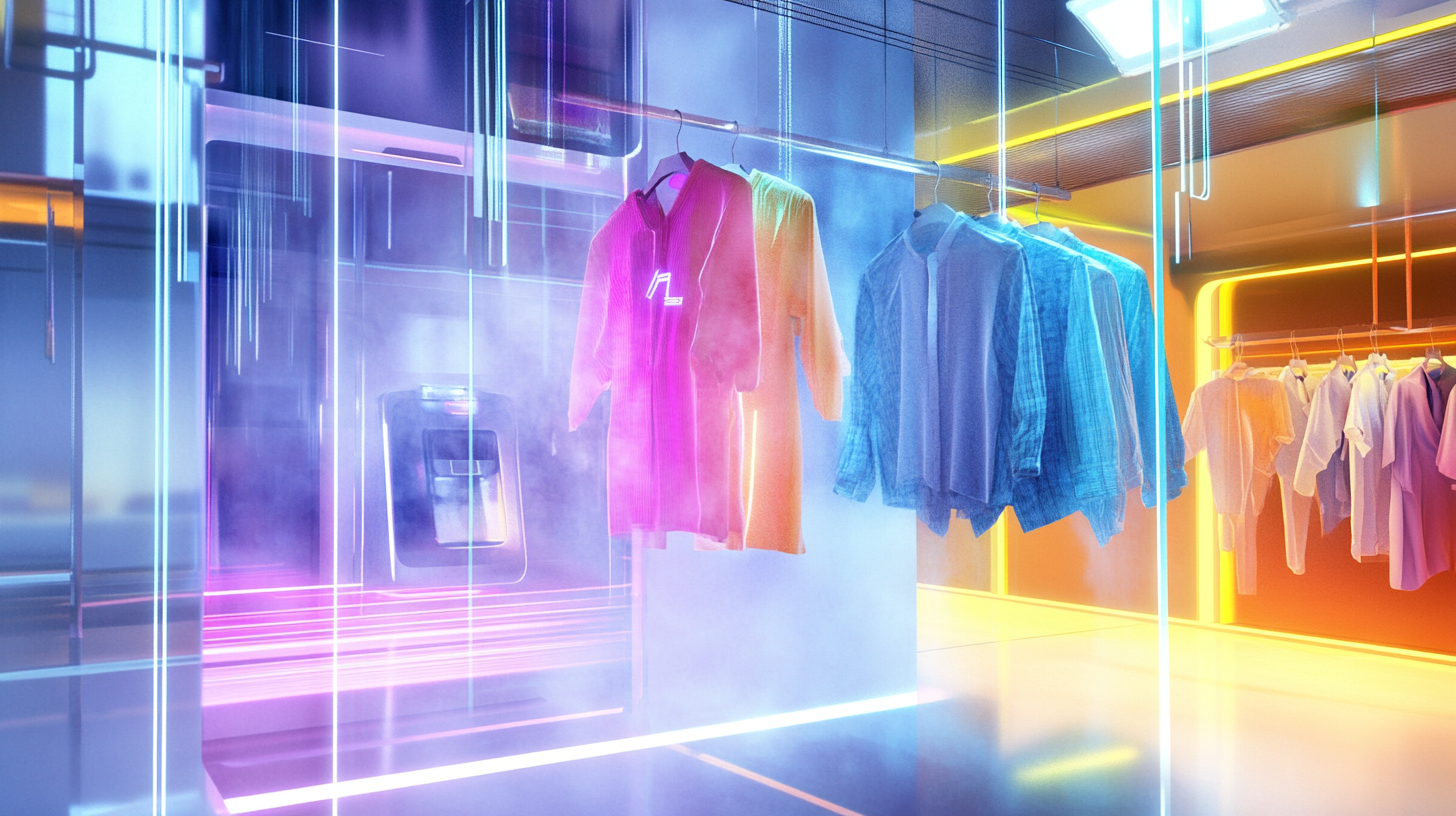 스팀 기술로 세탁된 의류, 미래적인 느낌의 세탁 장면, 세탁물의 깊은 청결과 주름 개선을 강조한 비주얼