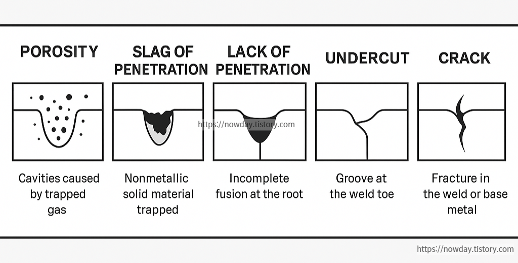 Infographic summarizing five common welding defects including porosity, slag inclusion, lack of penetration, undercut, and crack