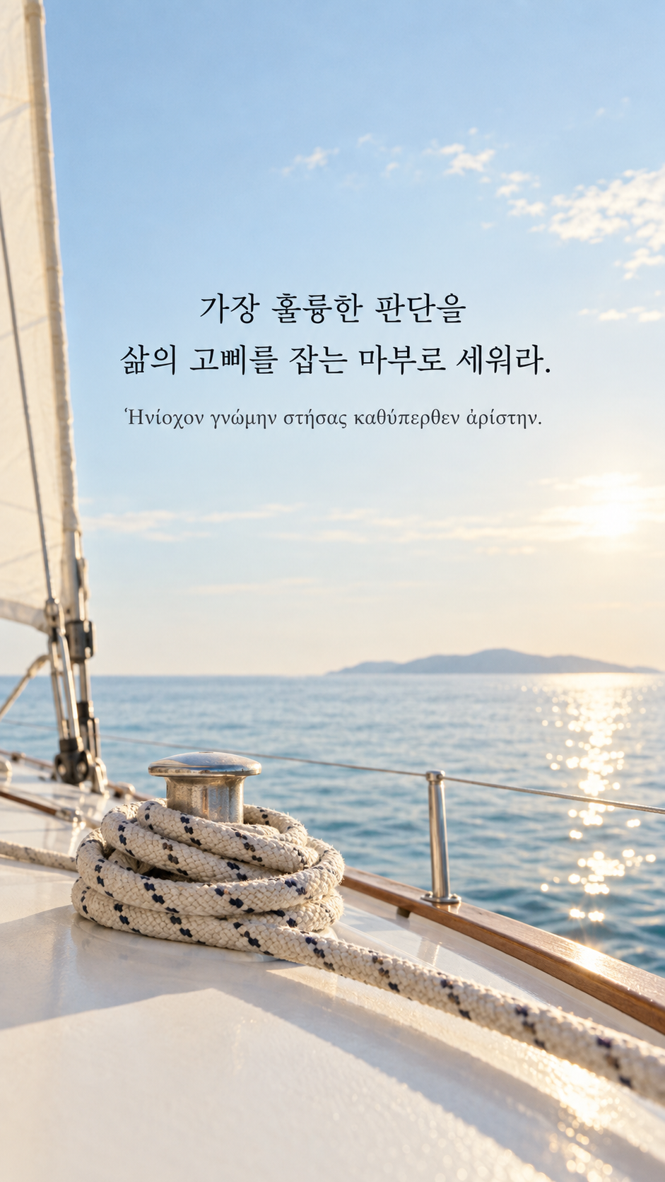 피타고라스 전통 황금시 30 가장 훌륭한 판단을 삶의 고삐를 잡는 마부로 세워라. 햇빛이 드는 하얀 배의 밧줄과 맑은 수평선 배경의 한글&middot;그리스어 세로 이미지