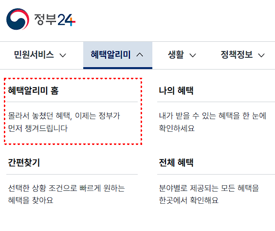 정부24 혜택알리미 홈