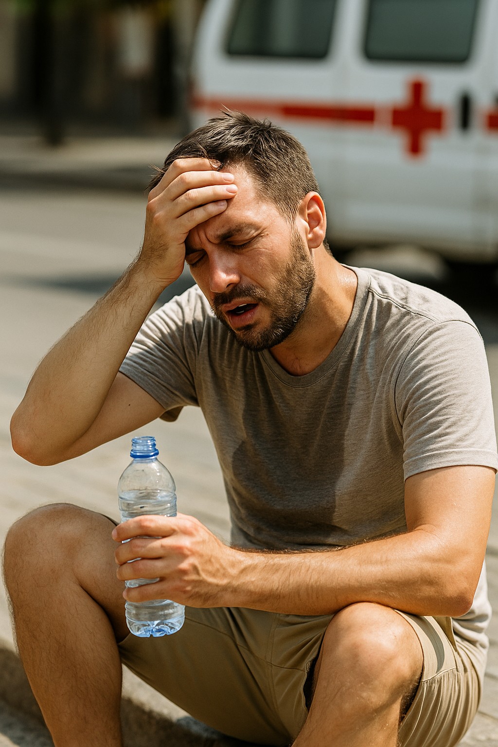 뜨거운 햇볕 아래 땀에 젖은 채 이마를 짚고 힘들어하는 남성이 열사병 증상을 보이며 물을 마시고 있는 모습