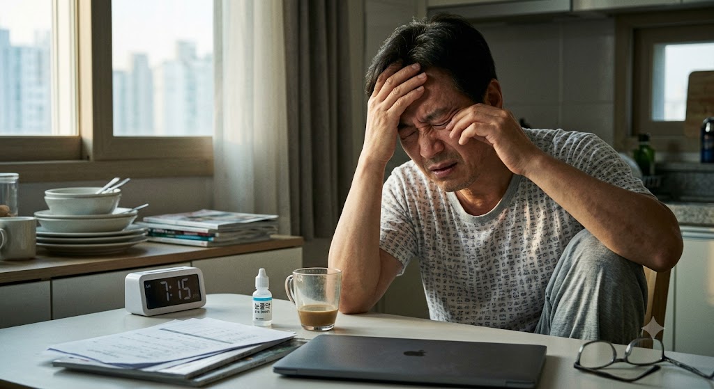 근무 전날 모니터 과다 사용으로 아침 일상에서 눈 피로와 건조함을 느끼는 중년 남성의 모습