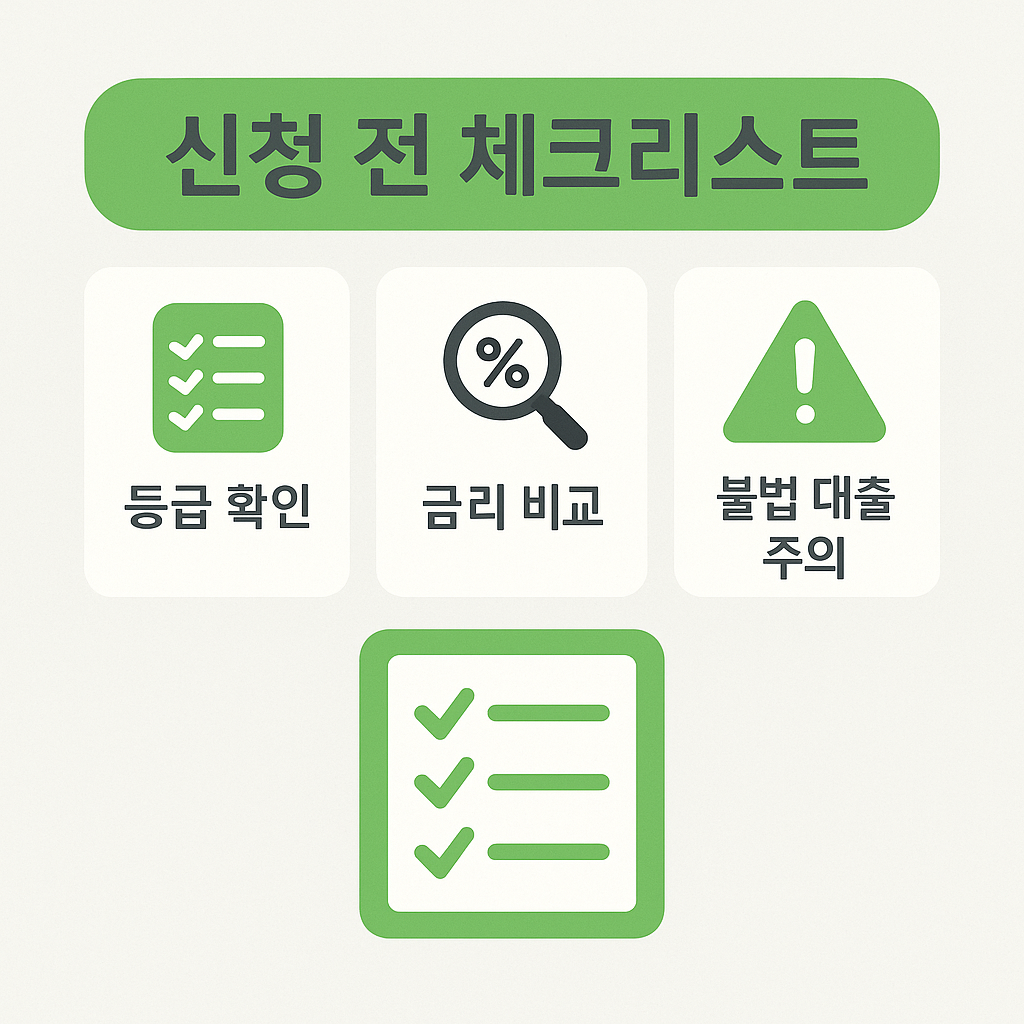 무직자도 가능한 모바일 비상금 대출 신청 전 반드시 확인해야 할 신용등급 조회, 금리 비교, 불법 대출 주의사항을 간단하고 명확하게 표현한 안내 이미지