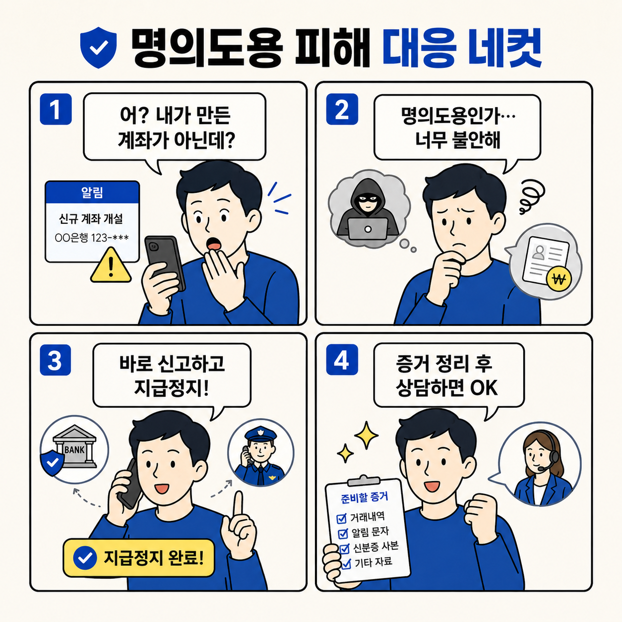 명의도용 피해가 의심될 때 모르는 계좌 개설을 확인하고 신고와 지급정지를 한 뒤 증거를 정리해 상담하는 과정을 보여주는 네컷만화