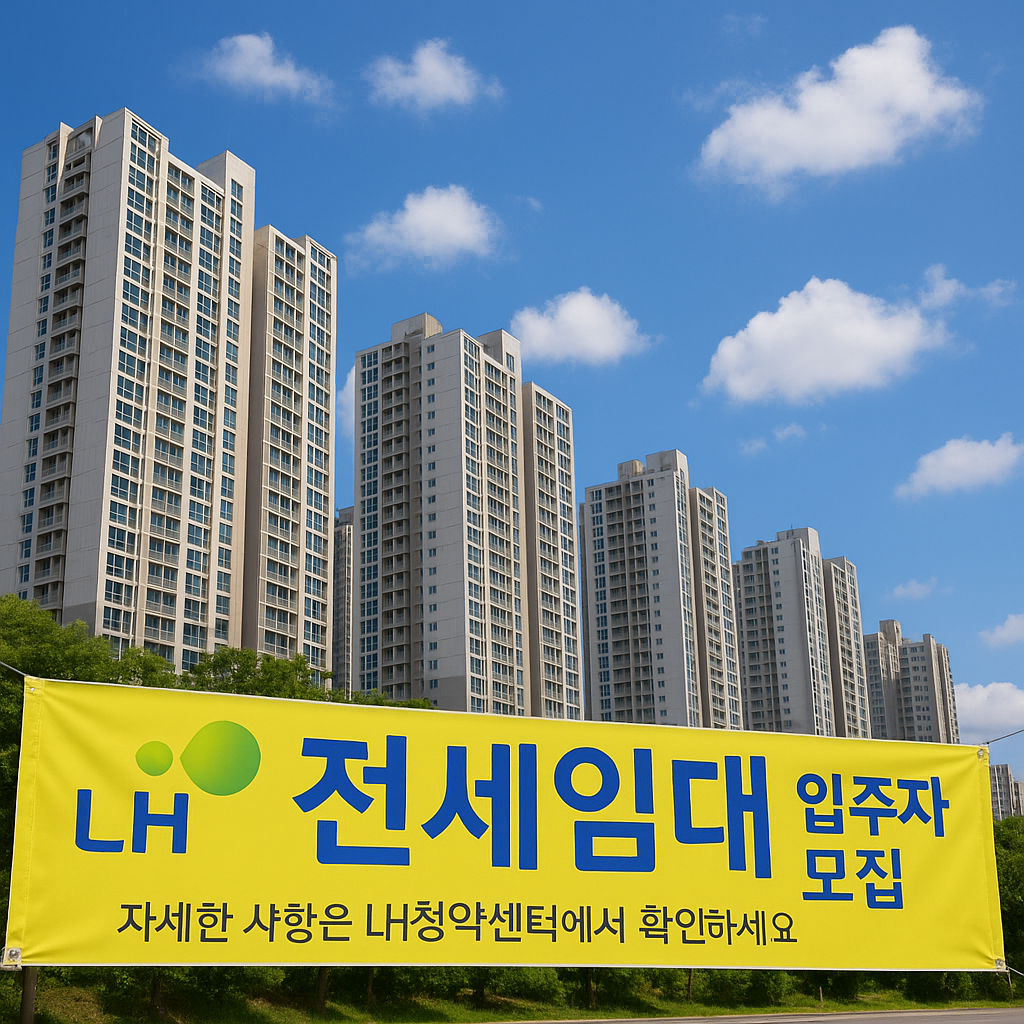 울산 고층 아파트 단지 앞 LH 전세임대 안내 현수막과 푸른 하늘