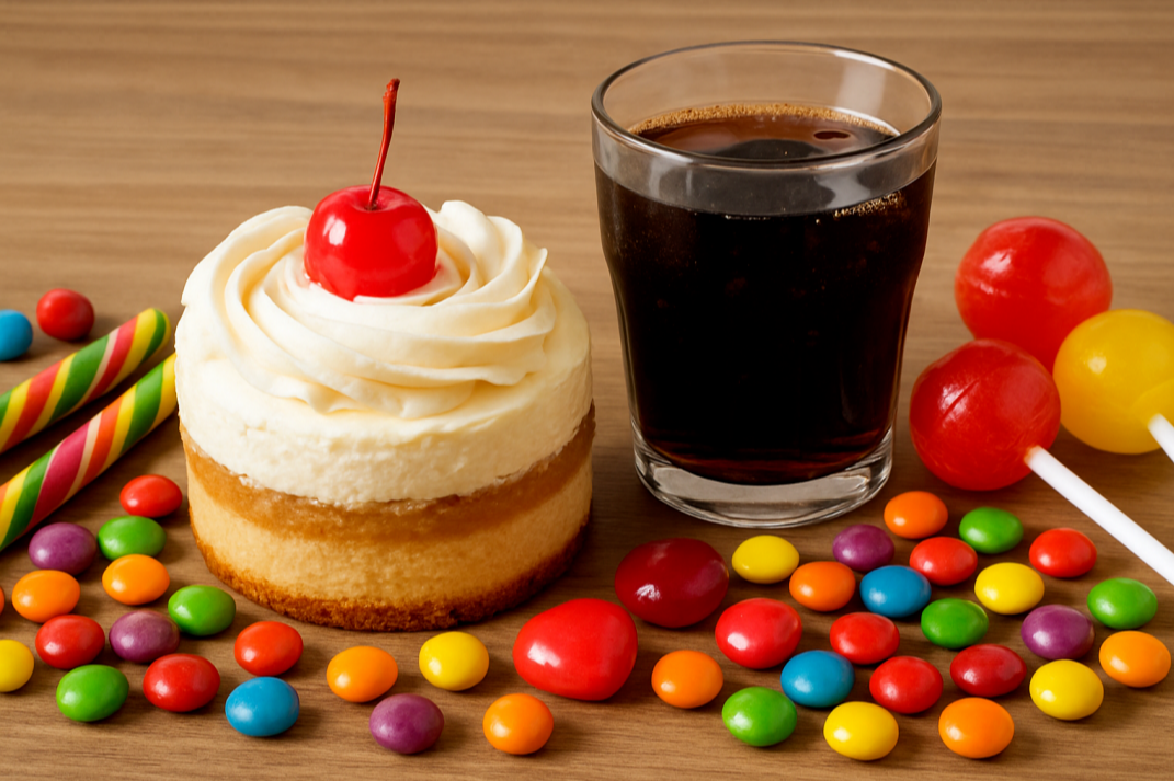 다양한 사탕과 케이크, 탄산음료가 나무 테이블 위에 놓여 있는 모습