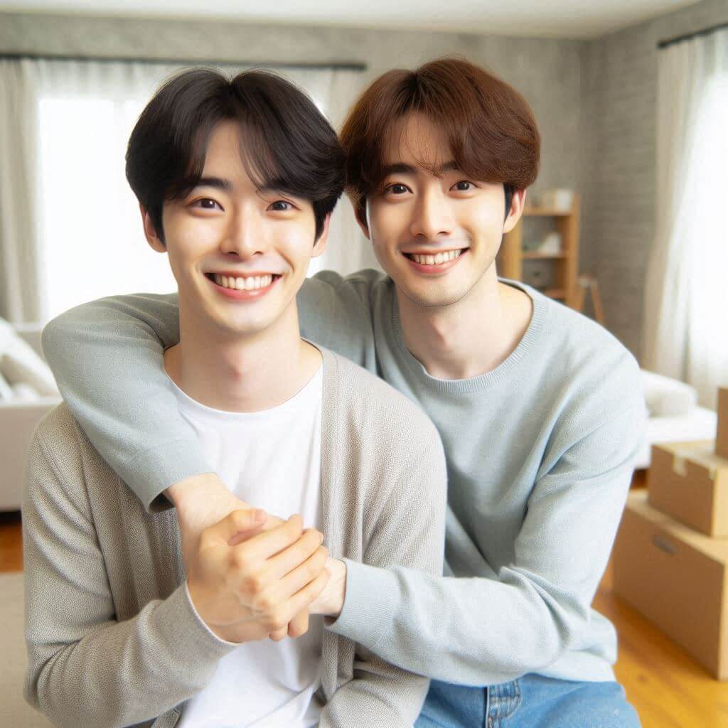 행복주택 입주자격에 해당하는 남자 대학생 두명이 어깨동무를 하고 미소짓고 있다.