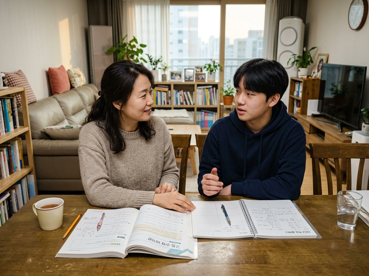 학부모와 함께 수학 학습 계획을 상담하는 고등학생