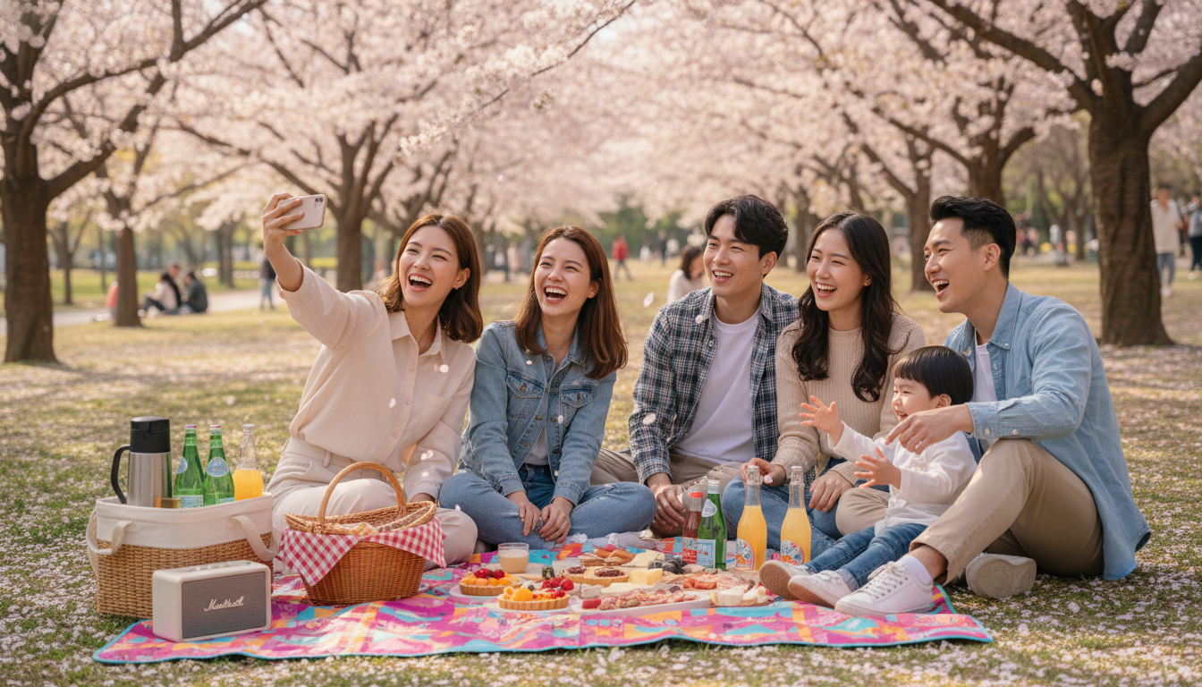 2026년 4월, 서울숲에서 벚꽃이 만개한 나무 아래 피크닉을 즐기는 사람들의 모습. 따뜻한 봄날의 행복한 순간이 담겨있다.