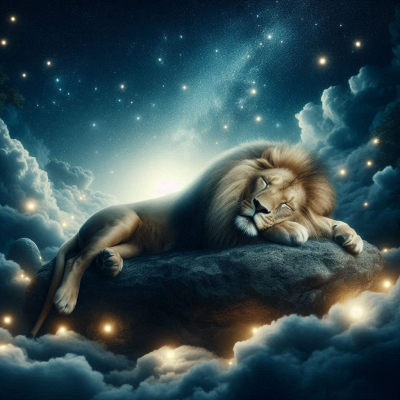 A lion peacefully resting on a rock, with a mystical atmosphere and glowing stars surrounding it.