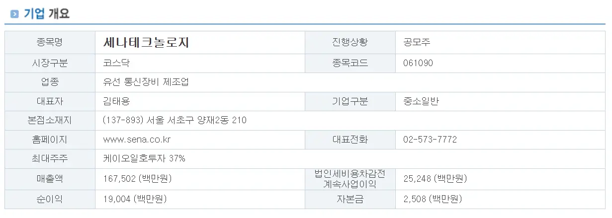 세나테크놀로지 기업 개요