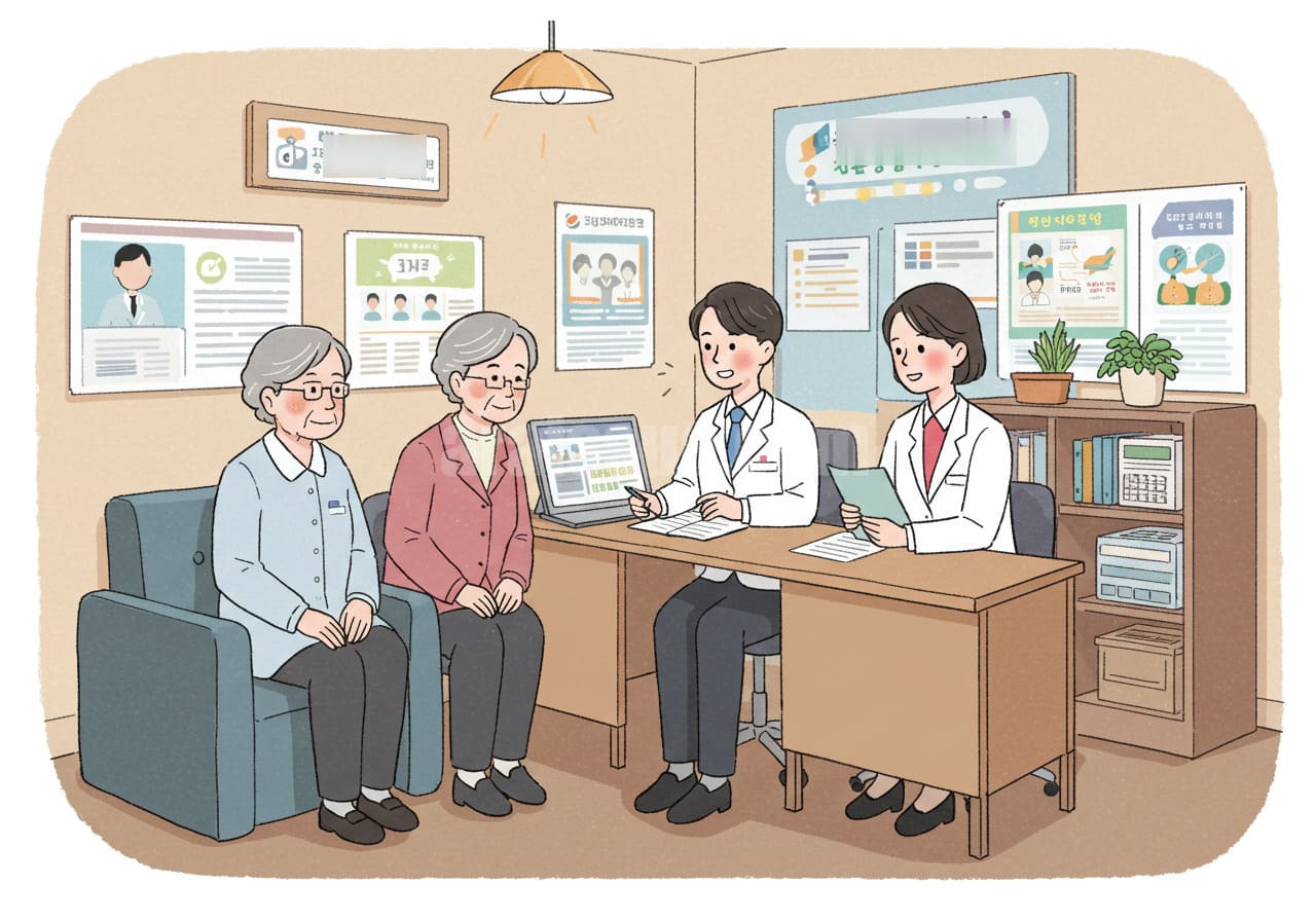 한국 노년 부부가 지역 복지센터에서 공무원과 의료비 지원 제도에 대해 상담하는 장면. 배경은 안내 포스터, 책상, 의자 등으로 꽉 찬 따뜻한 실내 분위기의 복지공간.