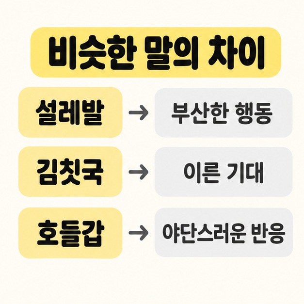 설레발은 부산한 행동, 김칫국은 이른 기대, 호들갑은 야단스러운 반응으로 세 표현의 초점을 비교한 도식