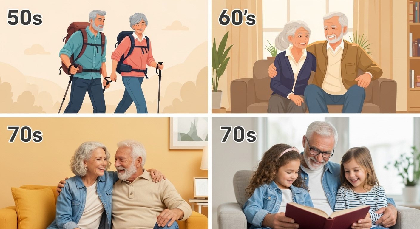 50대, 60대, 70대 이상 부모님들이 각 연령대에 맞는 활동을 즐기며 행복해하는 모습