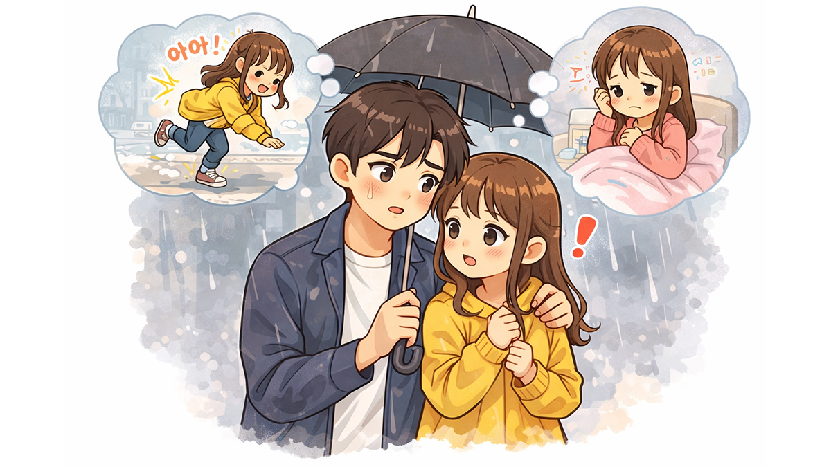 장기연애한 남자가 여자친구를 걱정하는 모습 커플 일러스트