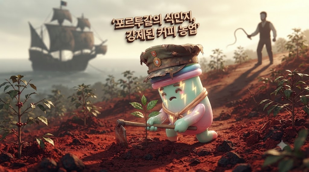 쫀쿠가 포르투갈 식민지 시대의 동티모르 고지대 커피 농장에서 일하고 있습니다. 쫀쿠는 낡은 포르투갈 군복 모자를 쓰고 힘겹게 커피 묘목을 심고 있습니다. 쫀쿠의 등 뒤로는 채찍을 든 포르투갈 감독관의 그림자가 길게 드리워져 있고, 멀리 포르투갈 범선이 정박해 있는 해안가가 보입니다. 강제 노역과 수탈의 역사가 시작된 현장입니다.