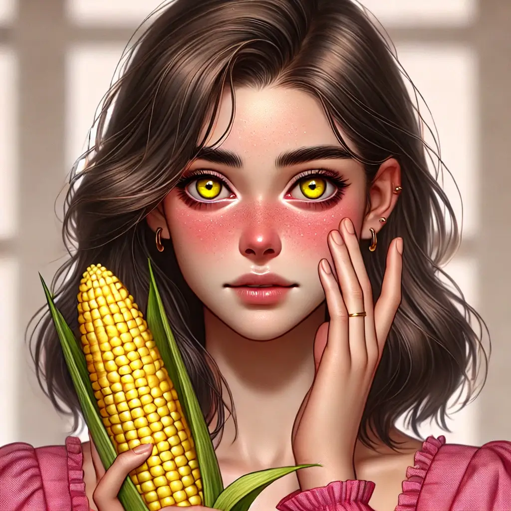 옥수수 알레르기를 가진 여성이 옥수수 함유 식품을 섭취한 후 피부가 붉어진 모습