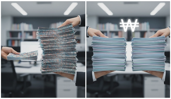 연말정산 공제 항목을 연봉이 높은 배우자에게 무조건 몰아주는 전략(좌)과 각 항목의 특성을 고려해 현명하게 분배하는 '믹스 전략'(우)의 효과를 비교하는 한국인 부부의 손.