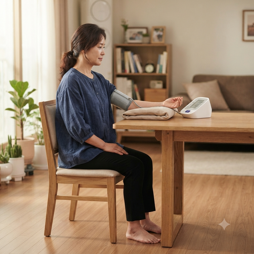 아침에 의자에 등을 기대고 발을 바닥에 둔 상태에서 팔을 심장 높이에 올려 혈압을 측정하는 모습