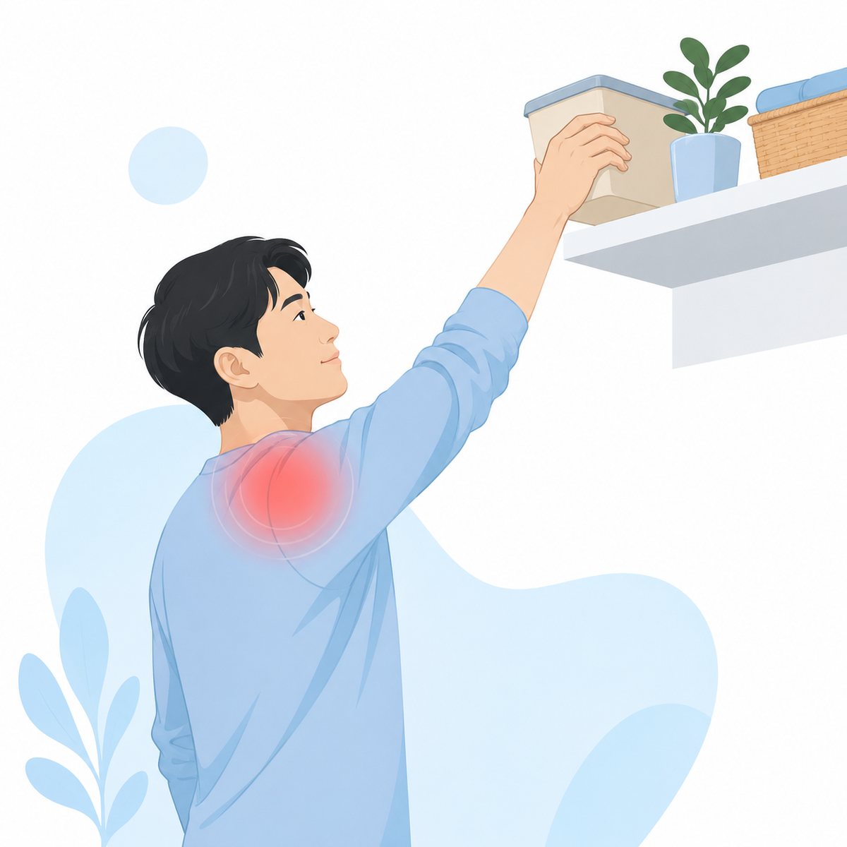 선반 위 상자를 잡으려 팔을 머리 위로 뻗은 남성, 어깨 통증 부위 표시