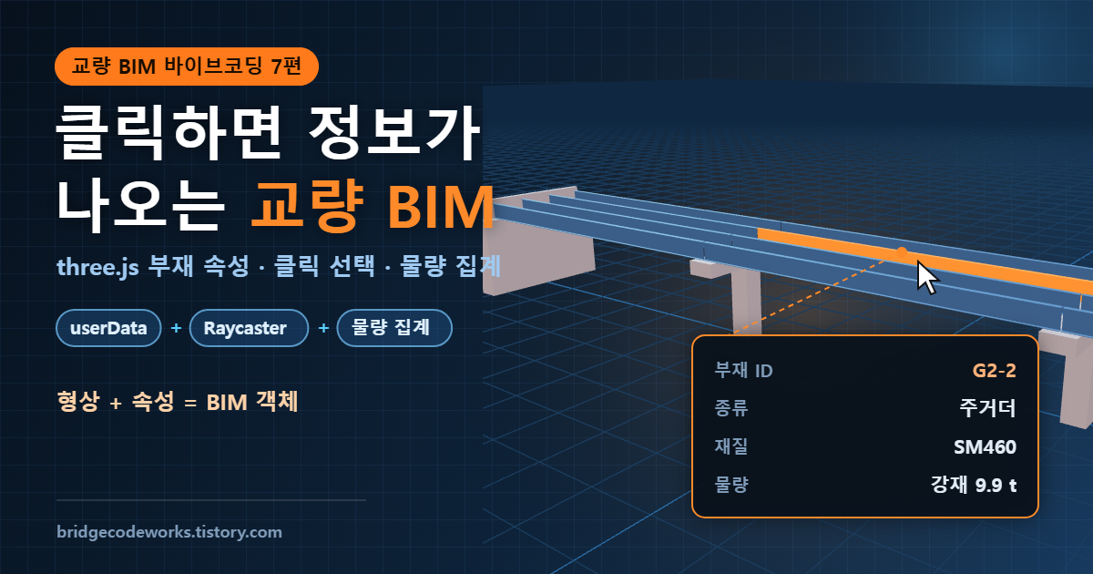 three.js 교량 BIM 모델 클릭하면 부재 속성 표시 교량 BIM 바이브코딩 7편 대표 이미지
