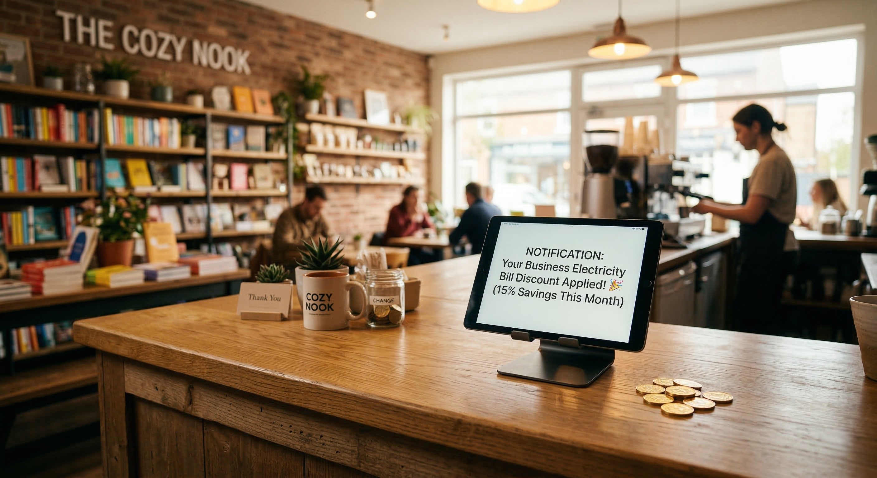 따뜻한 분위기의 카페 카운터 위 태블릿 화면에 소상공인 전기요금 할인 혜택 알림이 떠 있고, 옆에 금화가 놓여 있는 실사 이미지