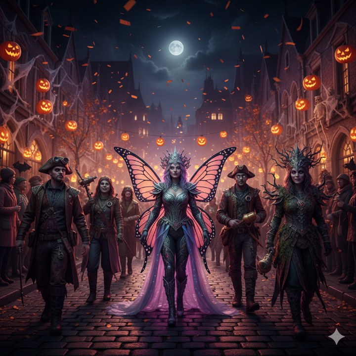 화려한 할로윈 코스튬을 입고 거리를 활보하는 사람들의 모습