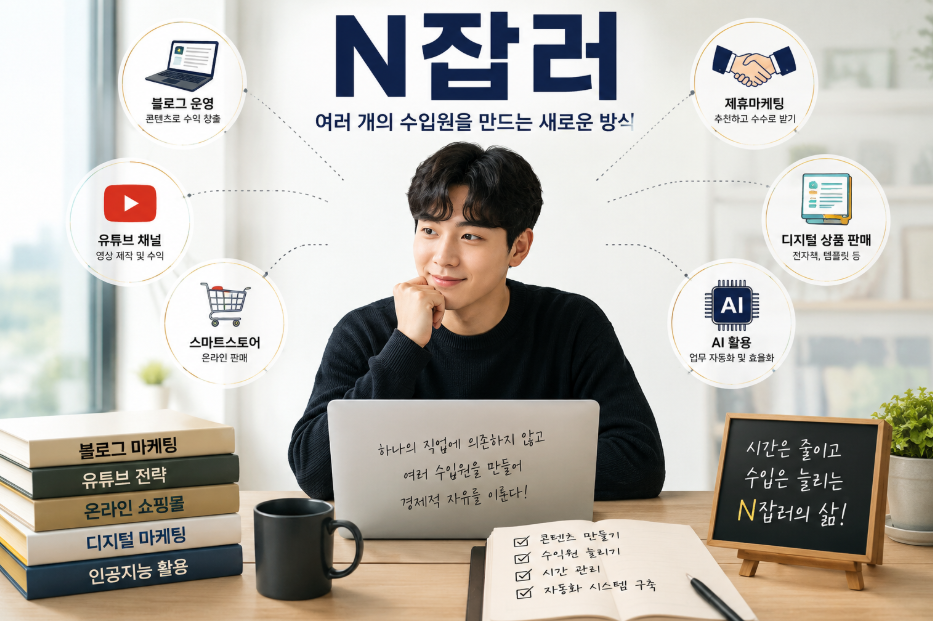 밝고 현대적인 홈오피스에서 한 사람이 노트북 앞에 앉아 여러 개의 수입원을 구상하고 있는 모습. 화면 상단에는 'N잡러'라는 큰 제목이 있으며, 주변에는 블로그 운영, 유튜브 채널, 스마트스토어, 제휴마케팅, 디지털 상품 판매, AI 활용을 나타내는 아이콘이 연결되어 있다. 책상 위에는 블로그 마케팅, 유튜브 전략, 온라인 쇼핑몰, 디지털 마케팅, 인공지능 활용 관련 서적이 쌓여 있고, 메모장에는 콘텐츠 제작, 수입원 확대, 시간 관리, 자동화 시스템 구축 등의 체크리스트가 적혀 있다. 전체적으로 경제적 자유와 수익 다각화를 상징하는 깔끔한 인포그래픽 스타일의 N잡러 이미지.
