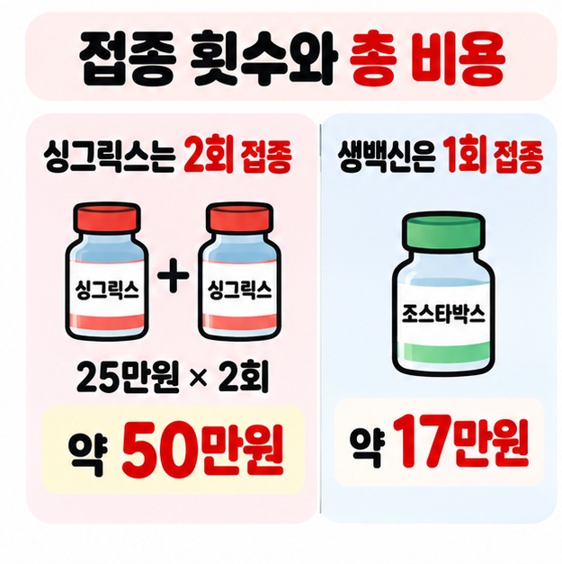 싱그릭스 2회와 생백신 1회의 접종 횟수와 총비용 차이를 단순 비교한 카드