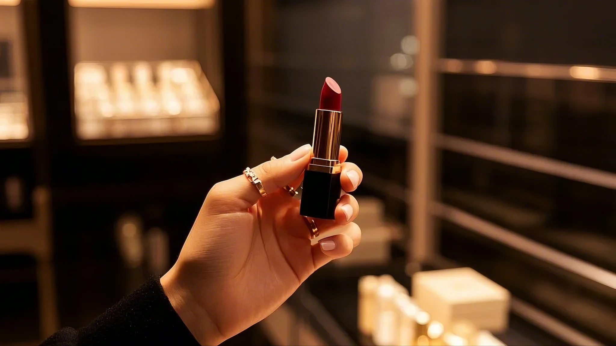 손에 들린 고급스러운 립스틱, 세련된 블랙 & 골드 디자인.