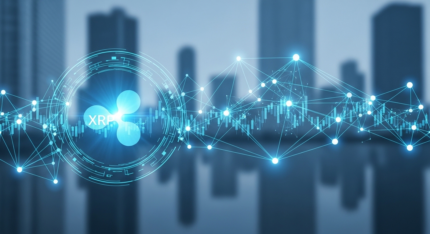 푸른빛이 감도는 미래 지향적인 디지털 네트워크 위로 XRP 로고가 빛나고 있으며, 글로벌 금융 시스템과의 연결을 상징합니다.