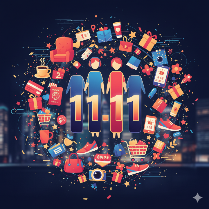 11월 11일과 관련된 다양한 상징 (솔로, 숫자 1, 쇼핑 아이템)을 모아놓은 이미지