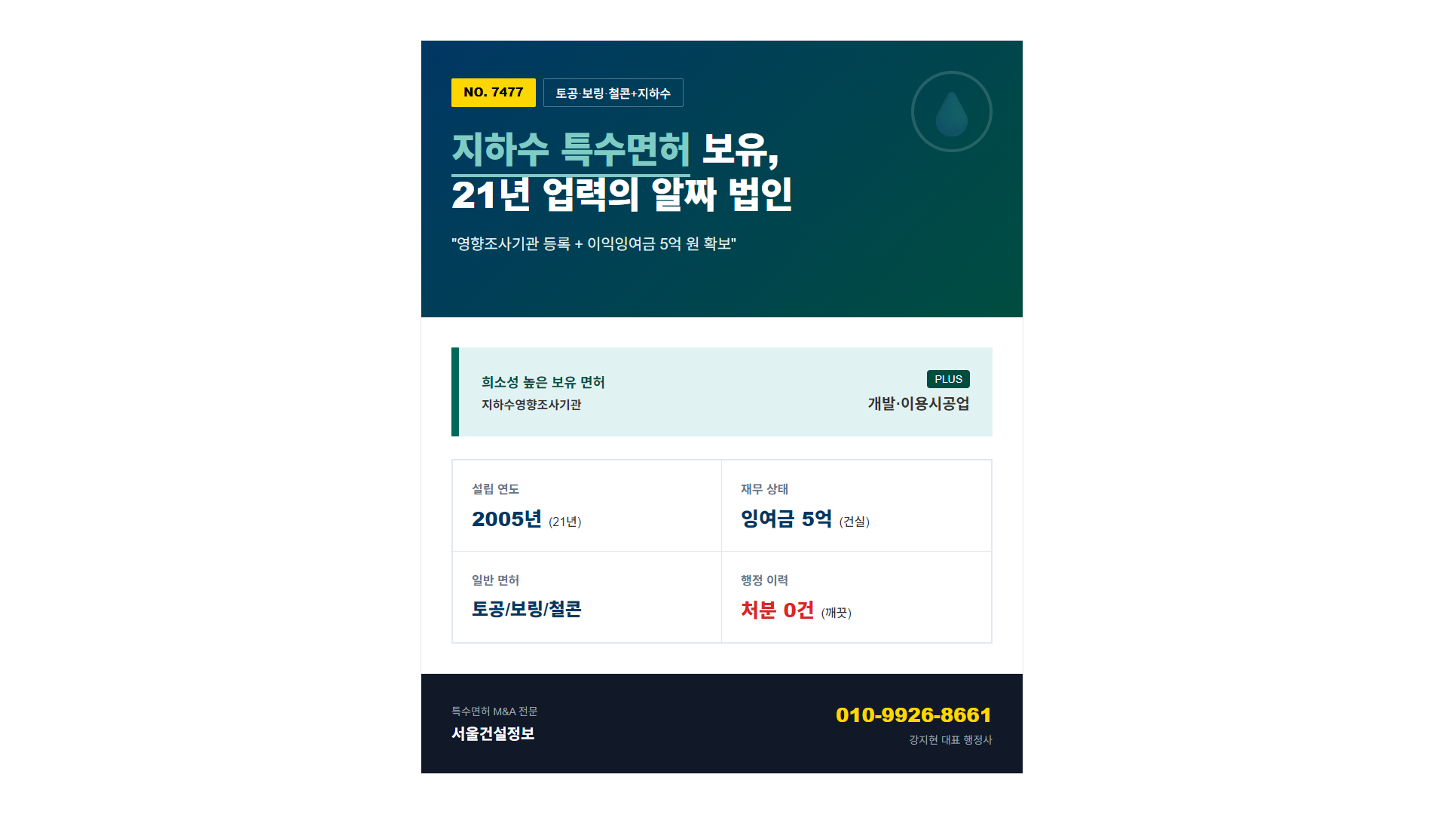 2005년 설립 지하수개발 특수면허 보유 및 토공 보링 면허 취득 매물 7477번 행정사 심층리포트