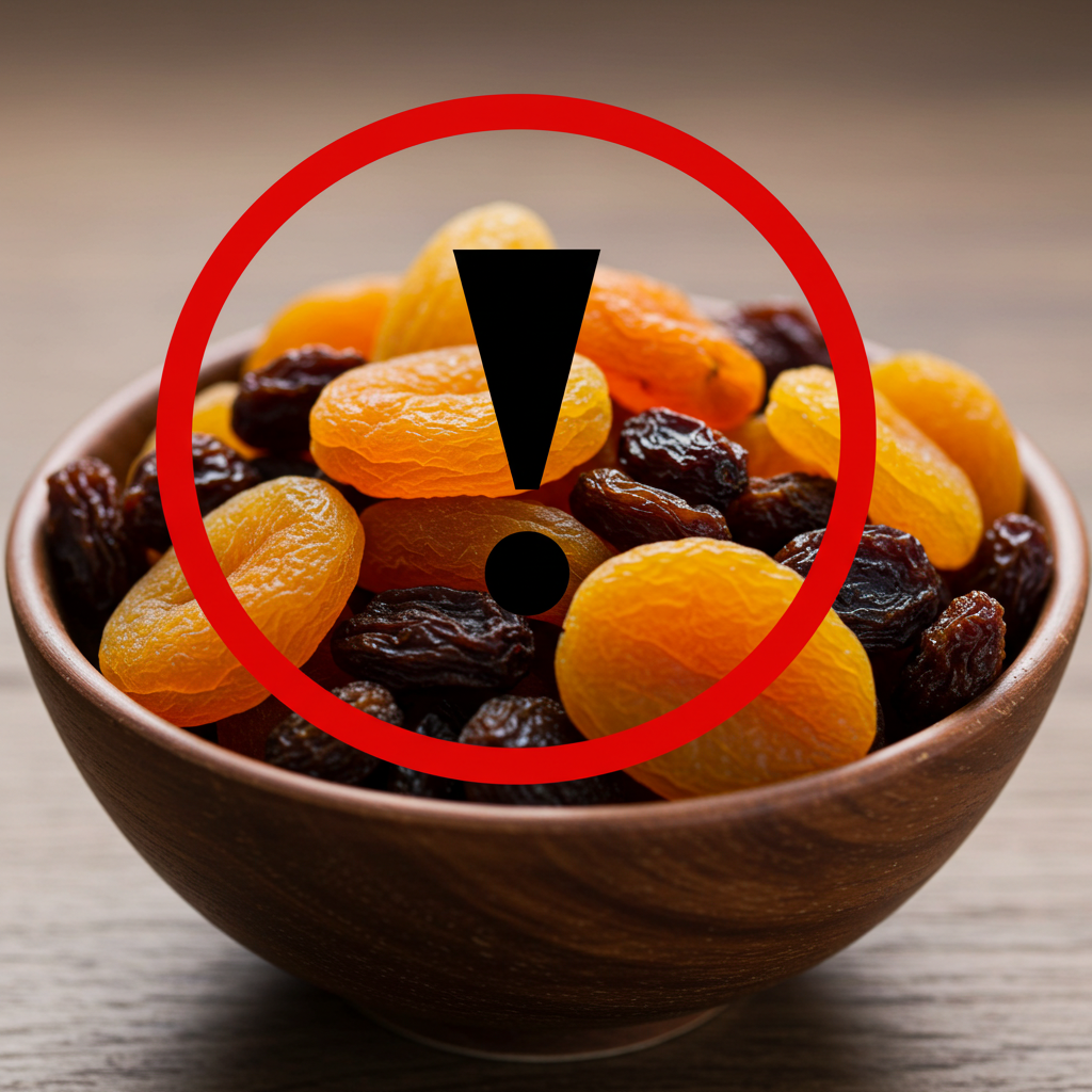 맛있어 보이는 말린 과일 그릇 위에 경고 표시 아이콘이 겹쳐 있는 이미지. 건강해 보이지만 당이 높은 음식의 위험성을 상징.