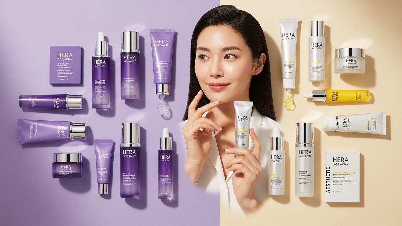 '헤라 에이지 어웨이'의 안티에이징 스킨케어 제품 두 가지 라인이 돋보이는 고급스럽고 우아한 플랫 레이 구성.