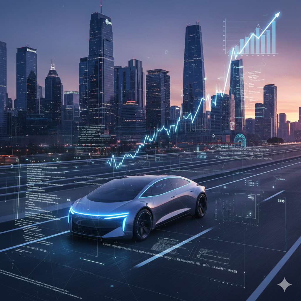 테슬라 무인주행 이슈로 차량 소프트웨어가 재평가되며 현대오토에버 주가 반등을 상징하는 미래차와 차트 이미지