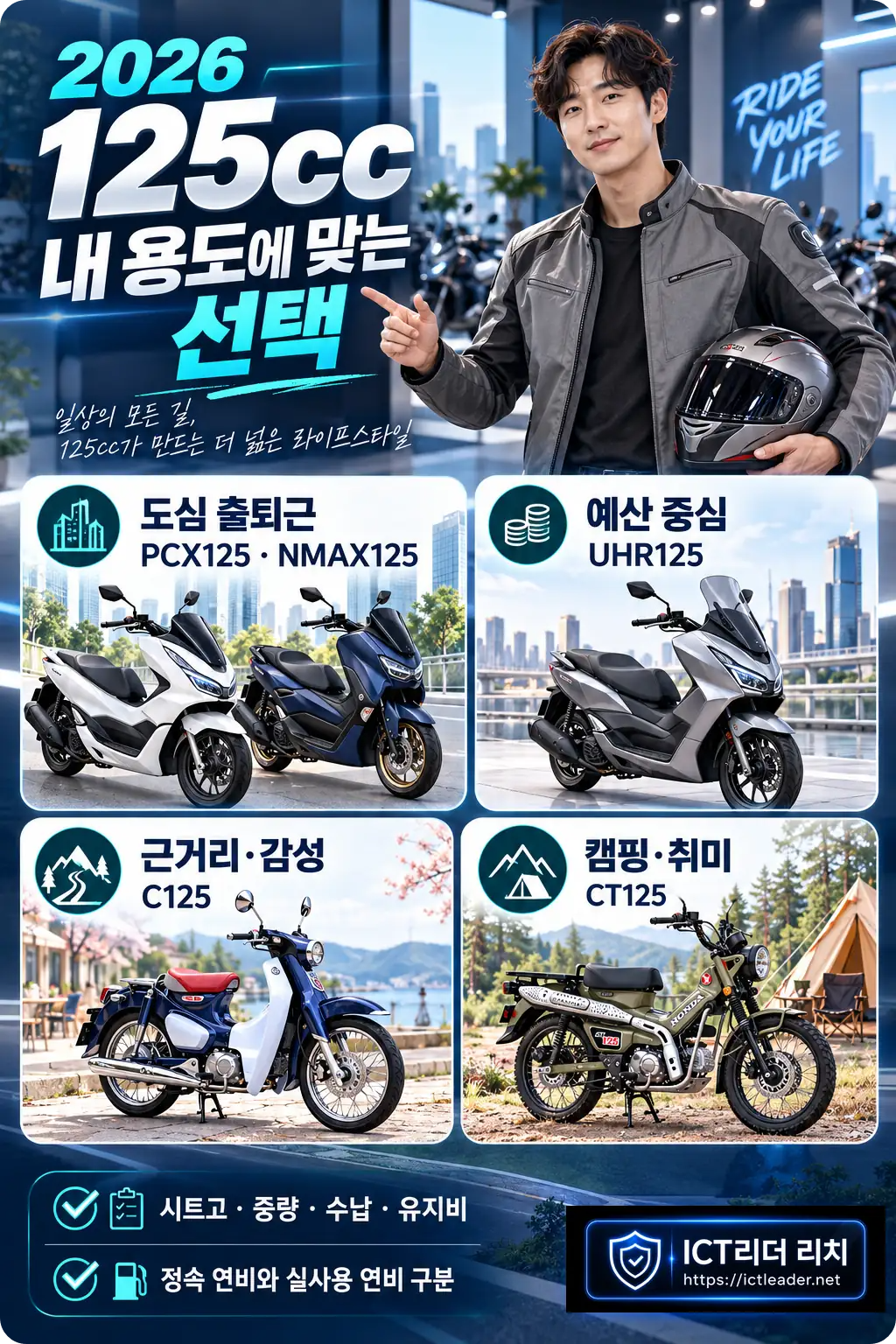 남성 전문가가 도심 출퇴근, 예산, 근거리 감성, 캠핑 용도별 125cc 오토바이 선택 기준을 안내하는 인포그래픽