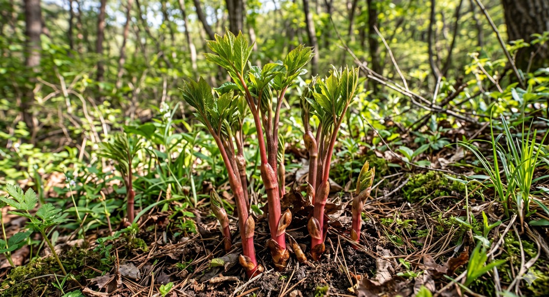땅에서 붉은 줄기를 올리며 자라나는 땅두릅의 자연 상태 모습.
