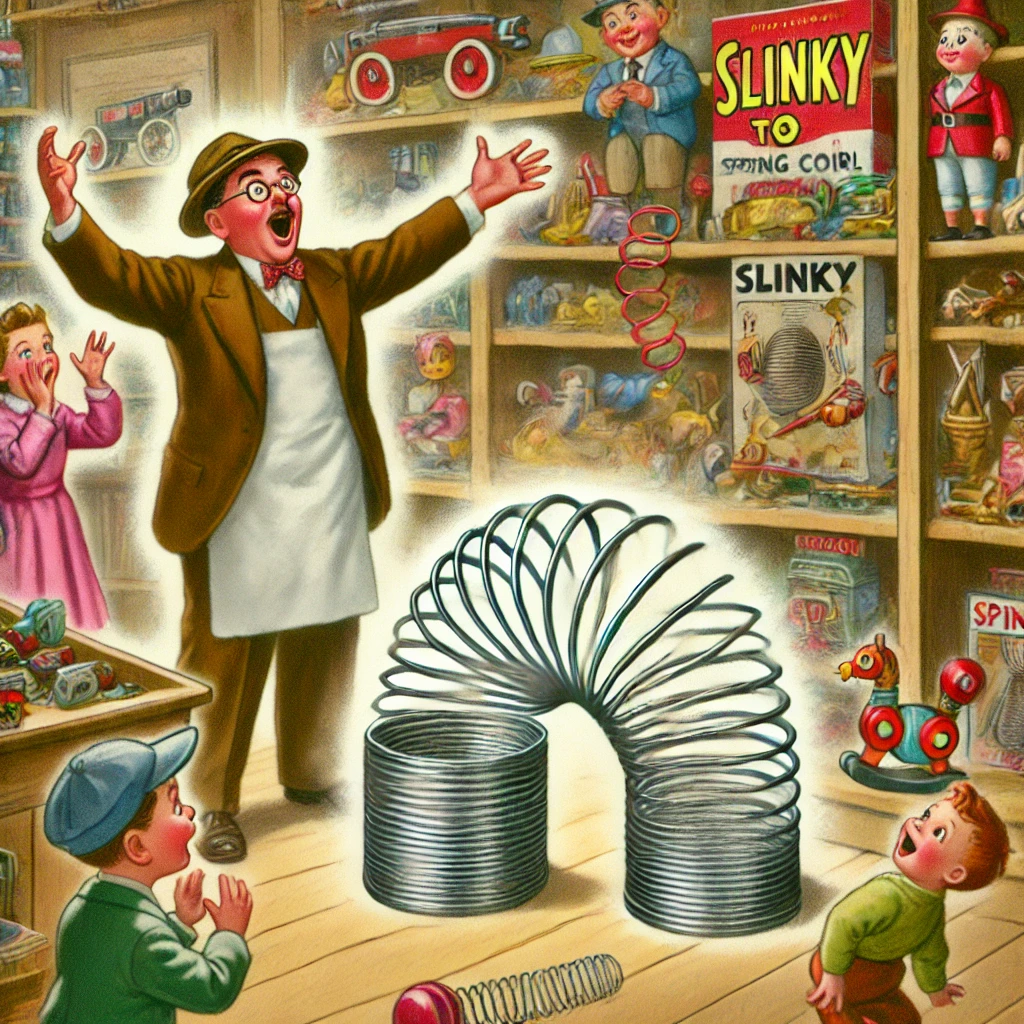 "1940년대 장난감 가게에서 스프링 코일이 떨어지면서 슬링키가 탄생하는 장면"