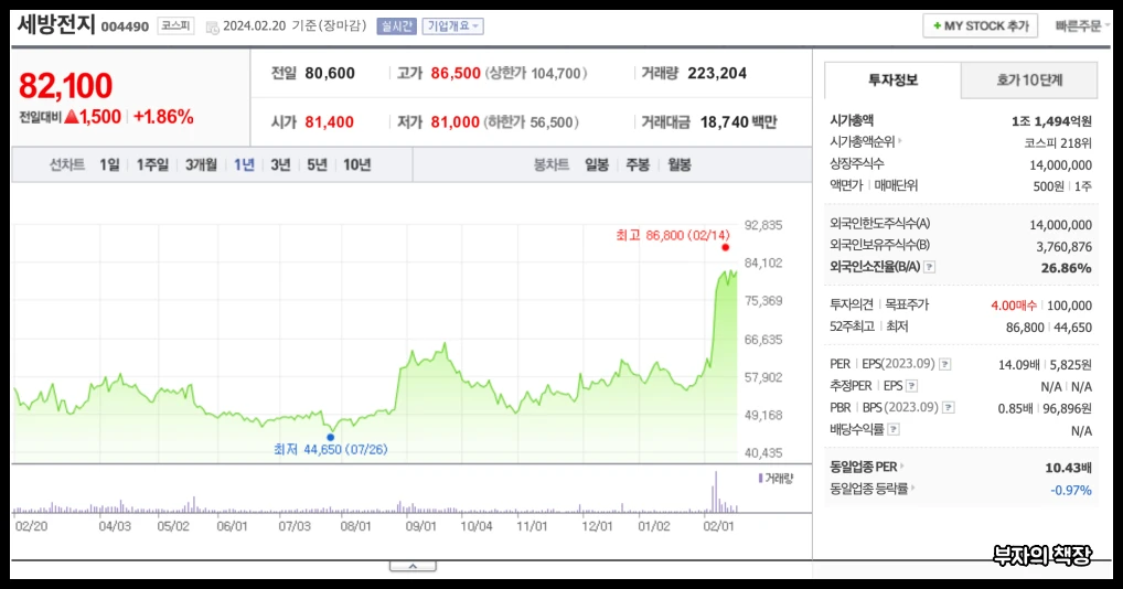 하이브리드 자동차 관련주,대장주,친환경정책주_세방전지 1년주가