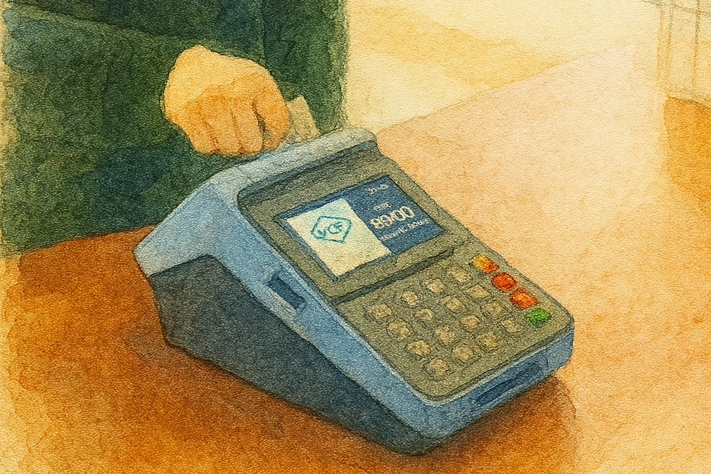 별도의 CAT(VAN) 신용카드 단말기에 카드를 꽂아 재결제하는 모습