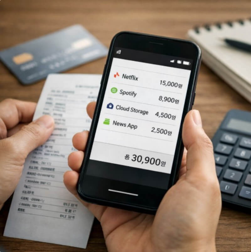 카드 명세서를 확인하며 반복 결제 항목을 점검하는 장면