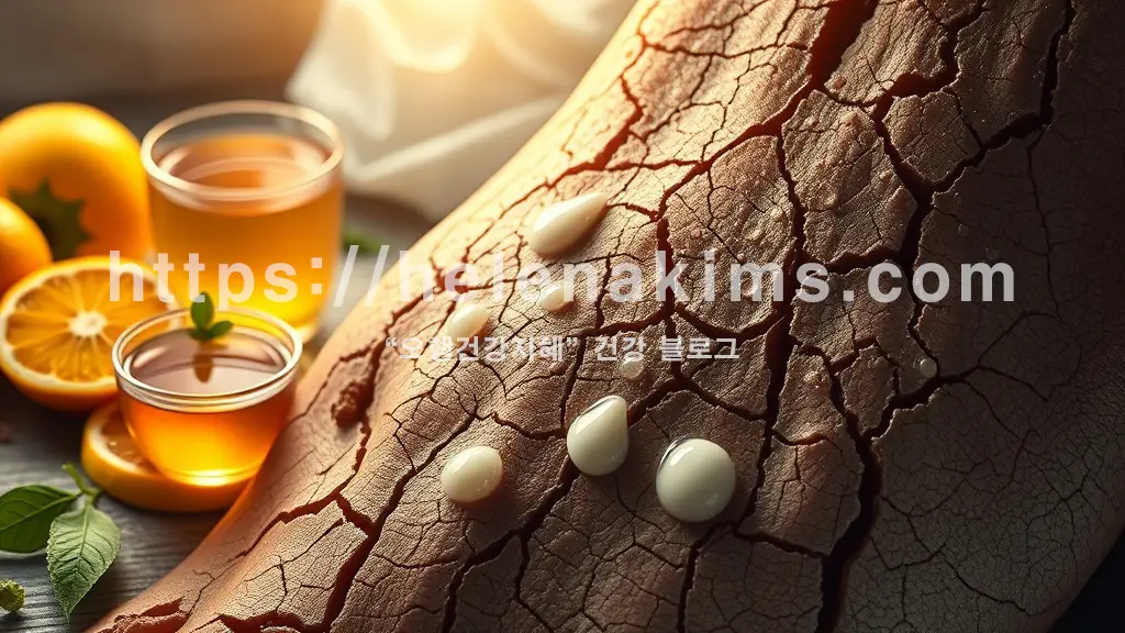 극심하게 건조하고 갈라진 피부 위에 부드러운 물방울과 촉촉한 보습 크림이 스며드는 모습. 한편에는 항염증에 좋은 허브차와 신선한 과일이 놓여있다.
