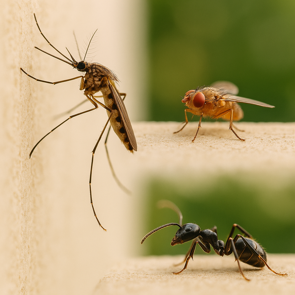 벽과 표면 위에 있는 모기, 초파리, 개미의 클로즈업 이미지