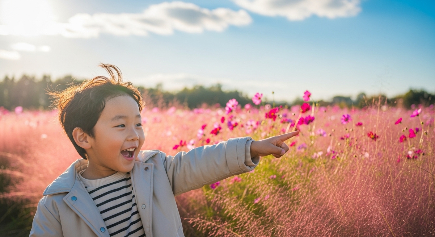 활짝 웃는 아이가 핑크뮬리와 코스모스 꽃밭에서 즐겁게 놀고 있는 모습. 다채로운 가을꽃이 배경을 이루고 있다.