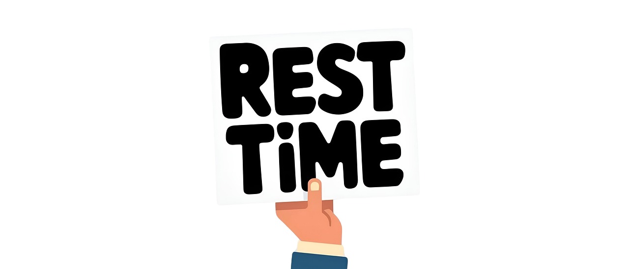 흰 배경 위에서 한사람이 &ldquo;REST TIME&rdquo;이라고 적힌 팻말을 손으로 들고 있는 휴식 시간 안내 이미지입니다.