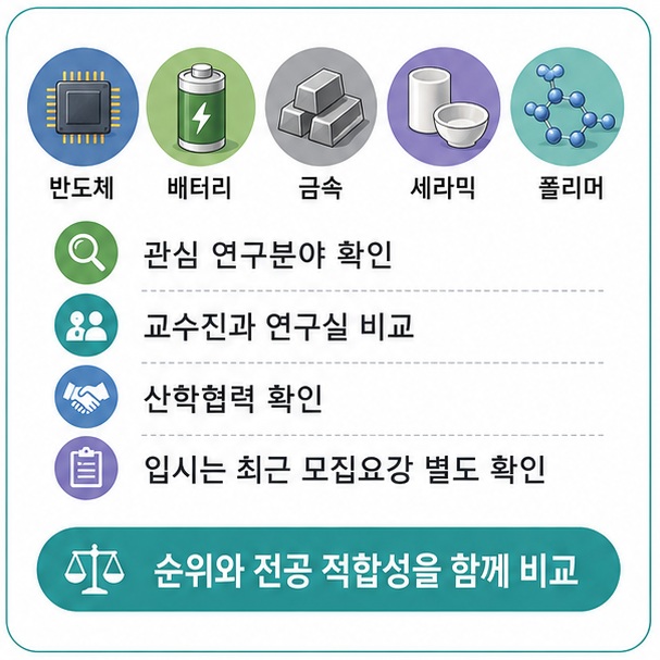 신소재공학과 지원 시 대학 순위뿐 아니라 반도체와 배터리, 금속과 세라믹 등 관심 분야의 교수진과 연구실, 교육과정을 함께 비교해야 함을 보여 주는 그림