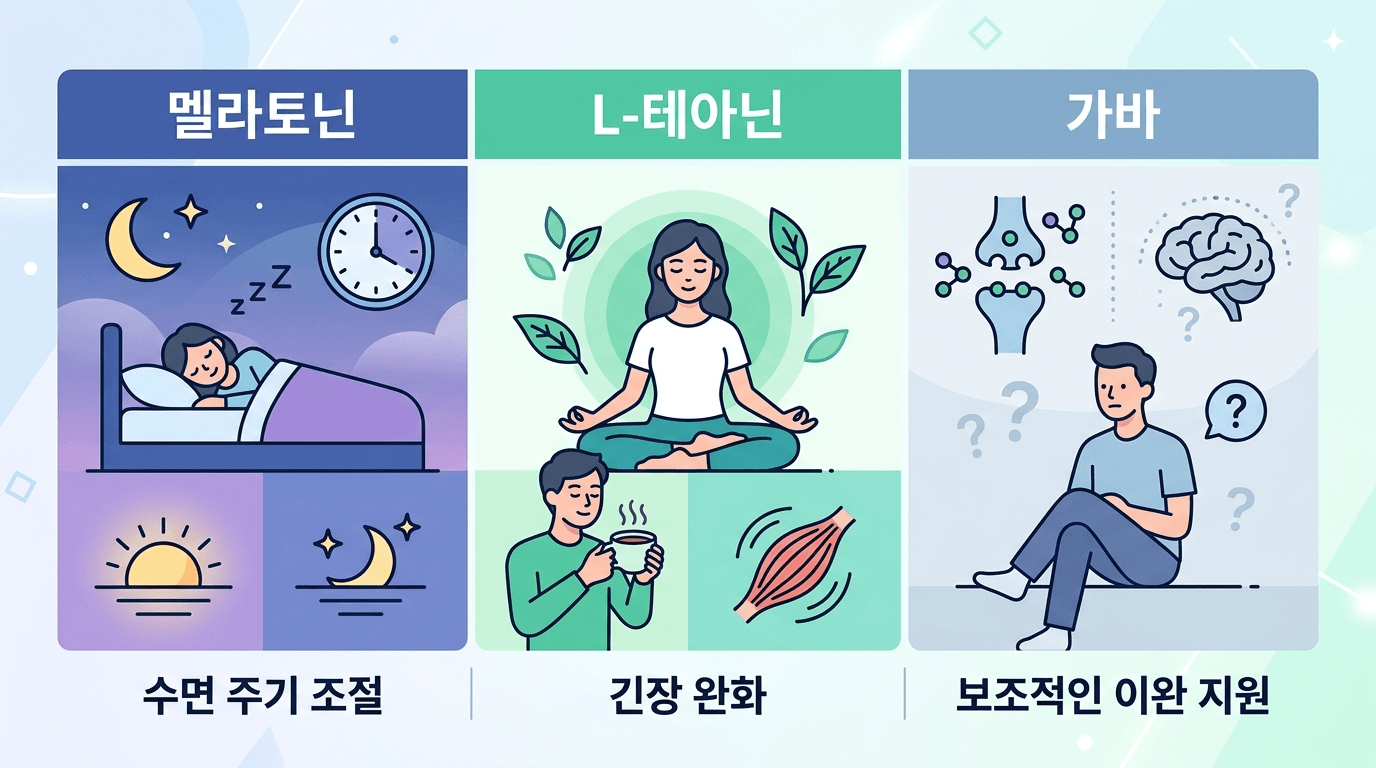 멜라토닌 L-테아닌 GABA의 역할 차이를 한눈에 비교한 이미지