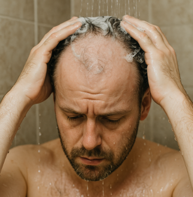 탈모가 진행중인 남성이 샴푸를 하는 사진